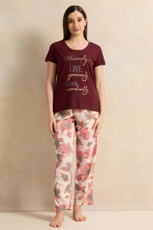 Women Burgundy And Beige Printed Pyjama Set (2 Piece) sold by Redtag
