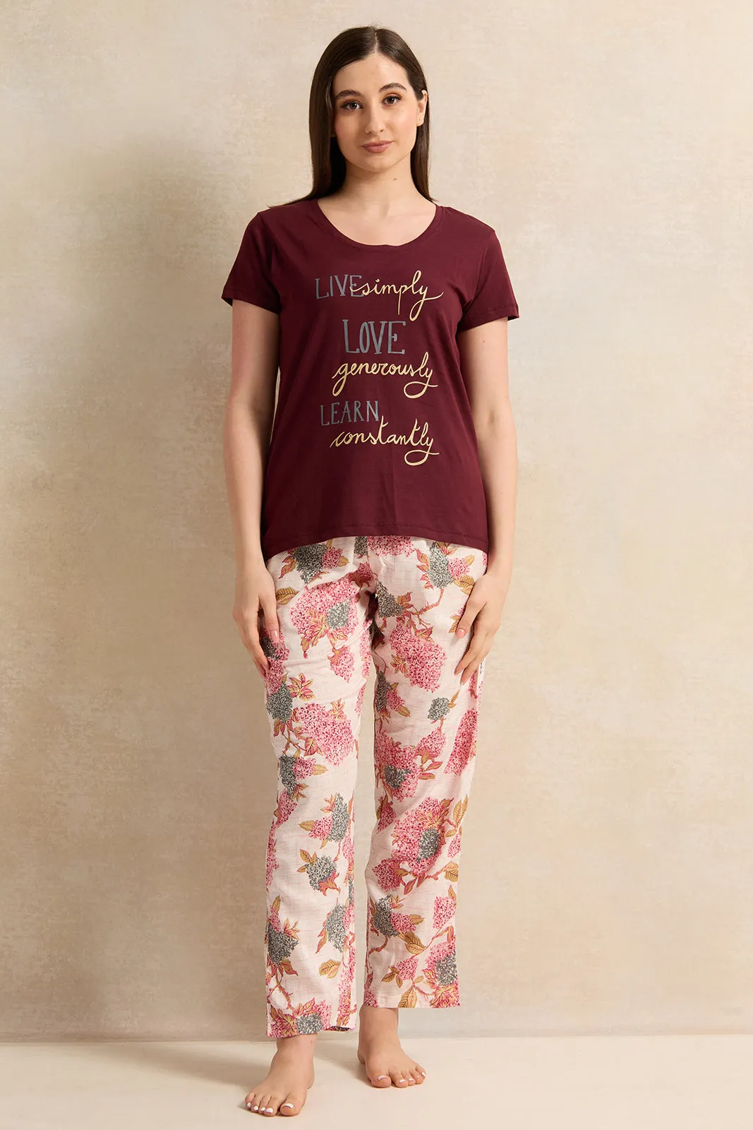 Women Burgundy And Beige Printed Pyjama Set (2 Piece) sold by Redtag