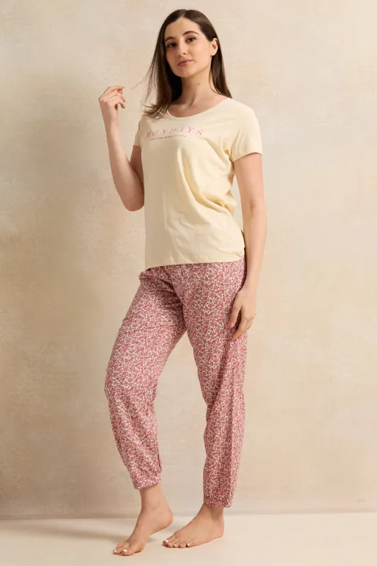 Women Yellow And Pink Printed Pyjama Set (2 Piece) sold by Redtag