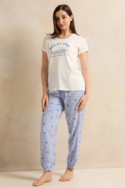 Women Ivory And Blue Printed Pyjama Set (2 Piece) sold by Redtag
