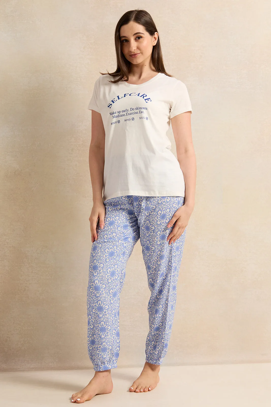 Women Ivory And Blue Printed Pyjama Set (2 Piece) sold by Redtag