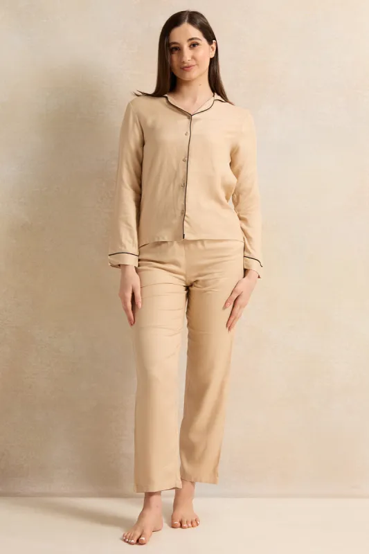 Women Beige Collared Pyjama Set (2 Piece) sold by Redtag