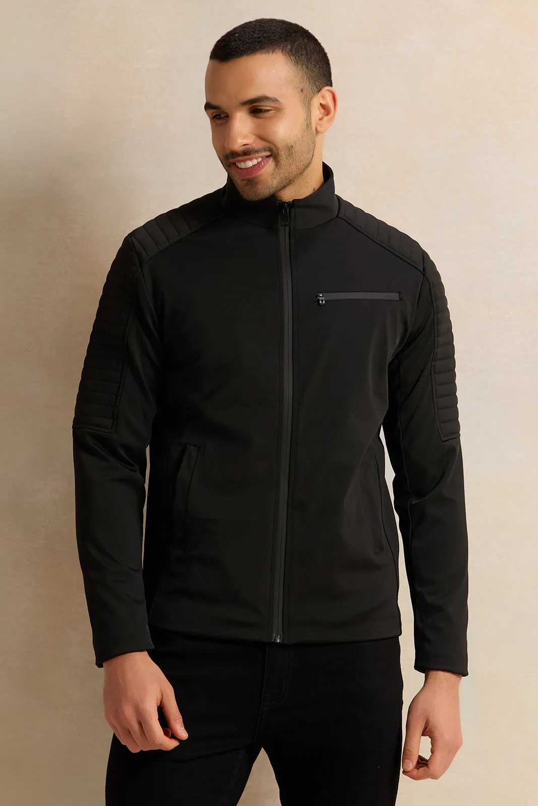 Men Black Performance Biker Jacket sold by Redtag
