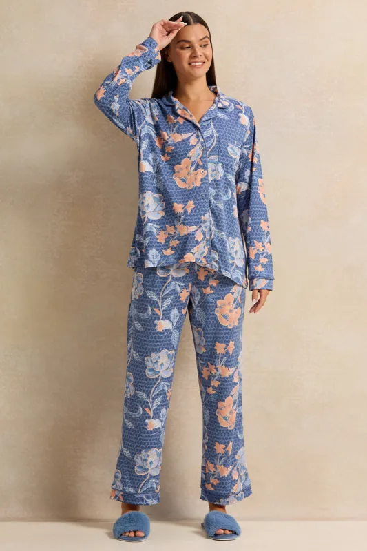Women Blue And Orange Floral Long Sleeve Pyjama Set ( 2 Piece) sold by Redtag