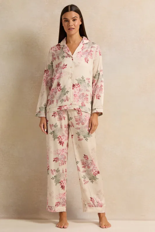 Women Cream Floral Satin Pyjama Set (2 Piece) sold by Redtag