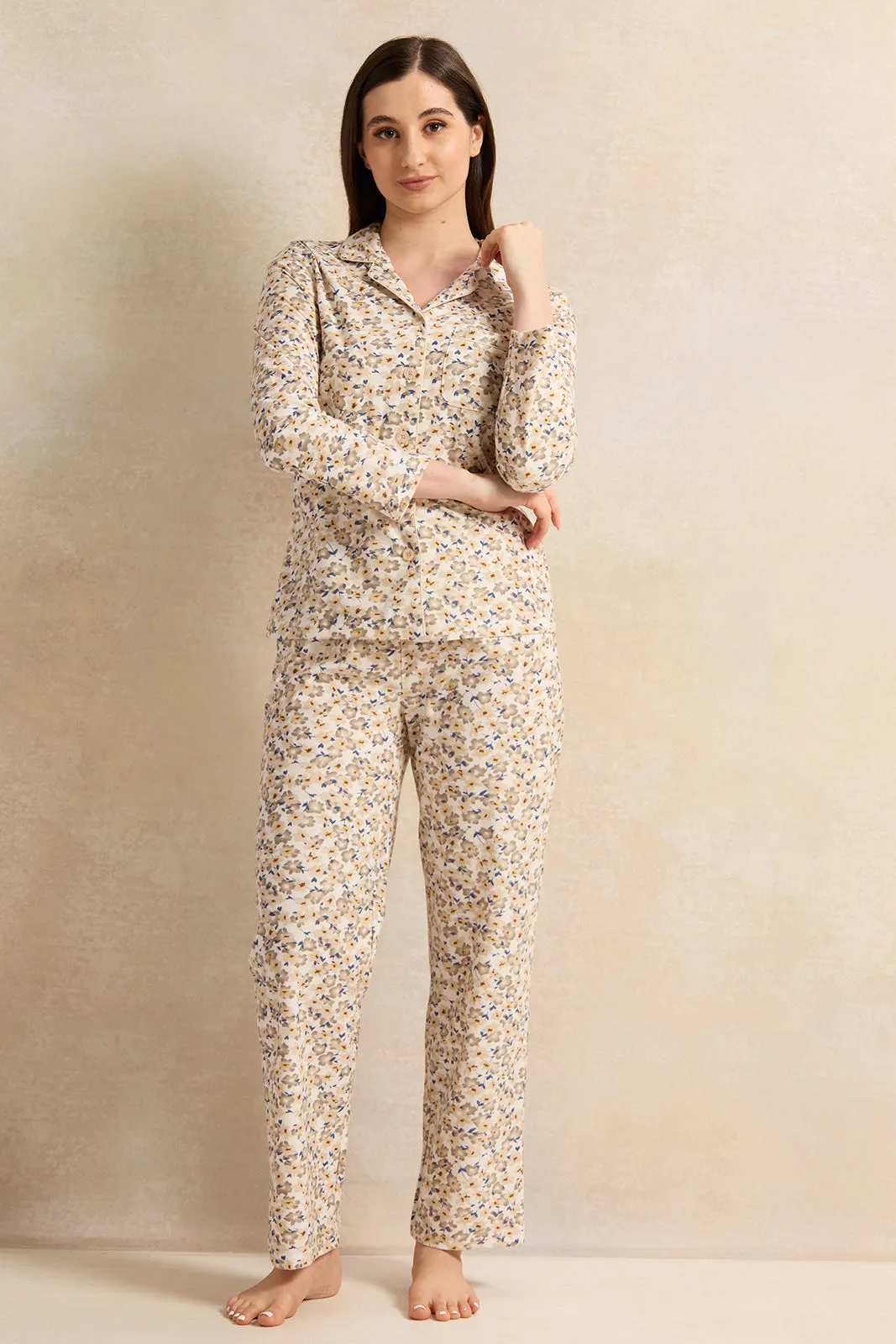 Women Ivory Printed Flannel Pajama Set (2 Piece) sold by Redtag