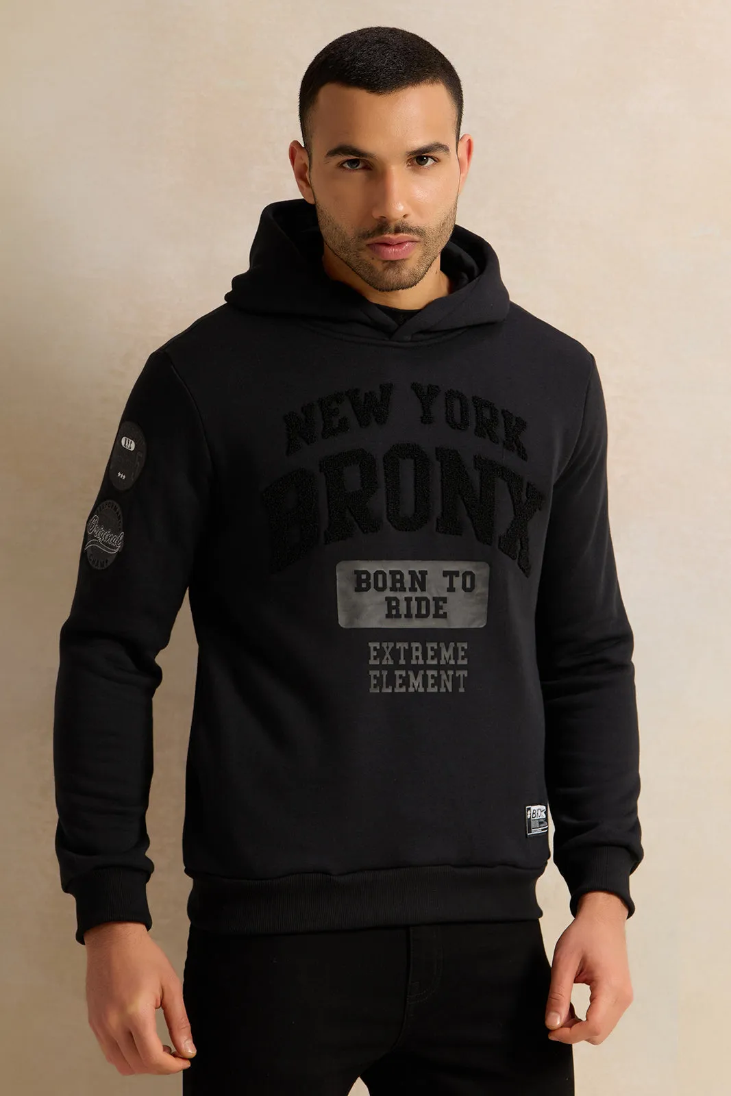 Men Black Printed Hooded Sweatshirt sold by Redtag