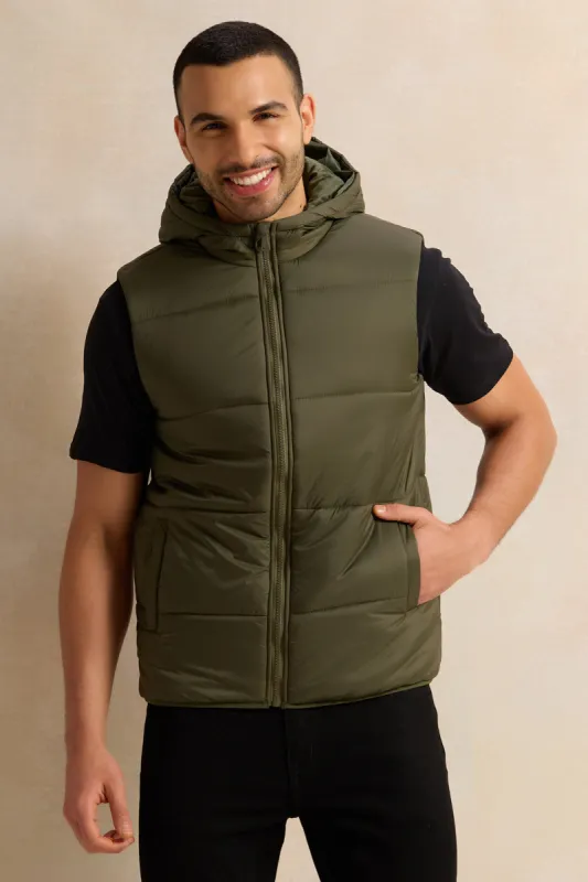 Men Olive Sleeveless Puffer Jacket sold by Redtag