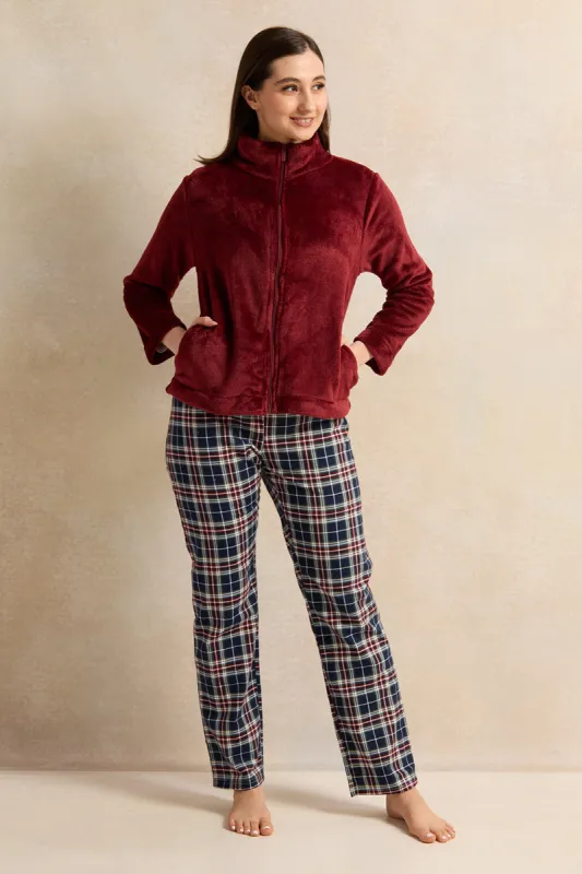 Women White And Burgundy Checkered Pyjama Set (3 Piece) sold by Redtag