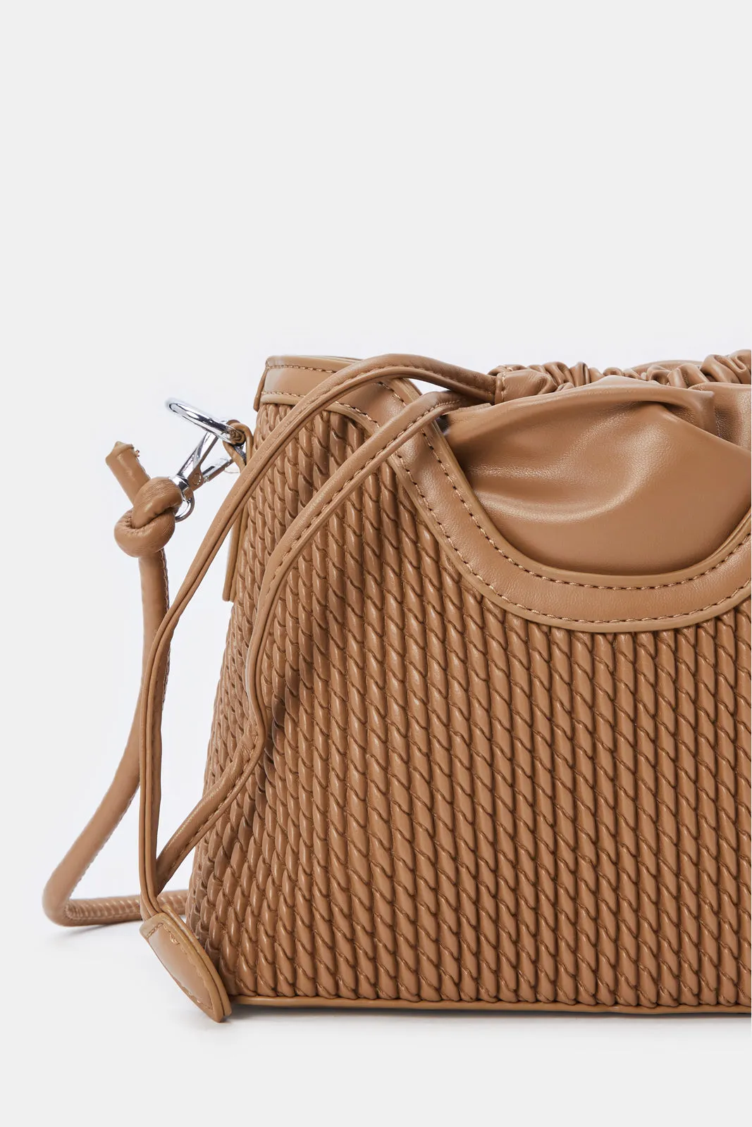 Women Tan Textured Bucket Bag With Draw String sold by Redtag product image thumbnail 3