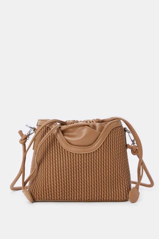 Women Tan Textured Bucket Bag With Draw String sold by Redtag