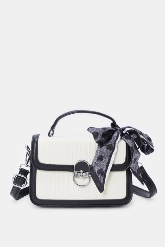 Women White And Black Embellished Handbag With Scarf sold by Redtag