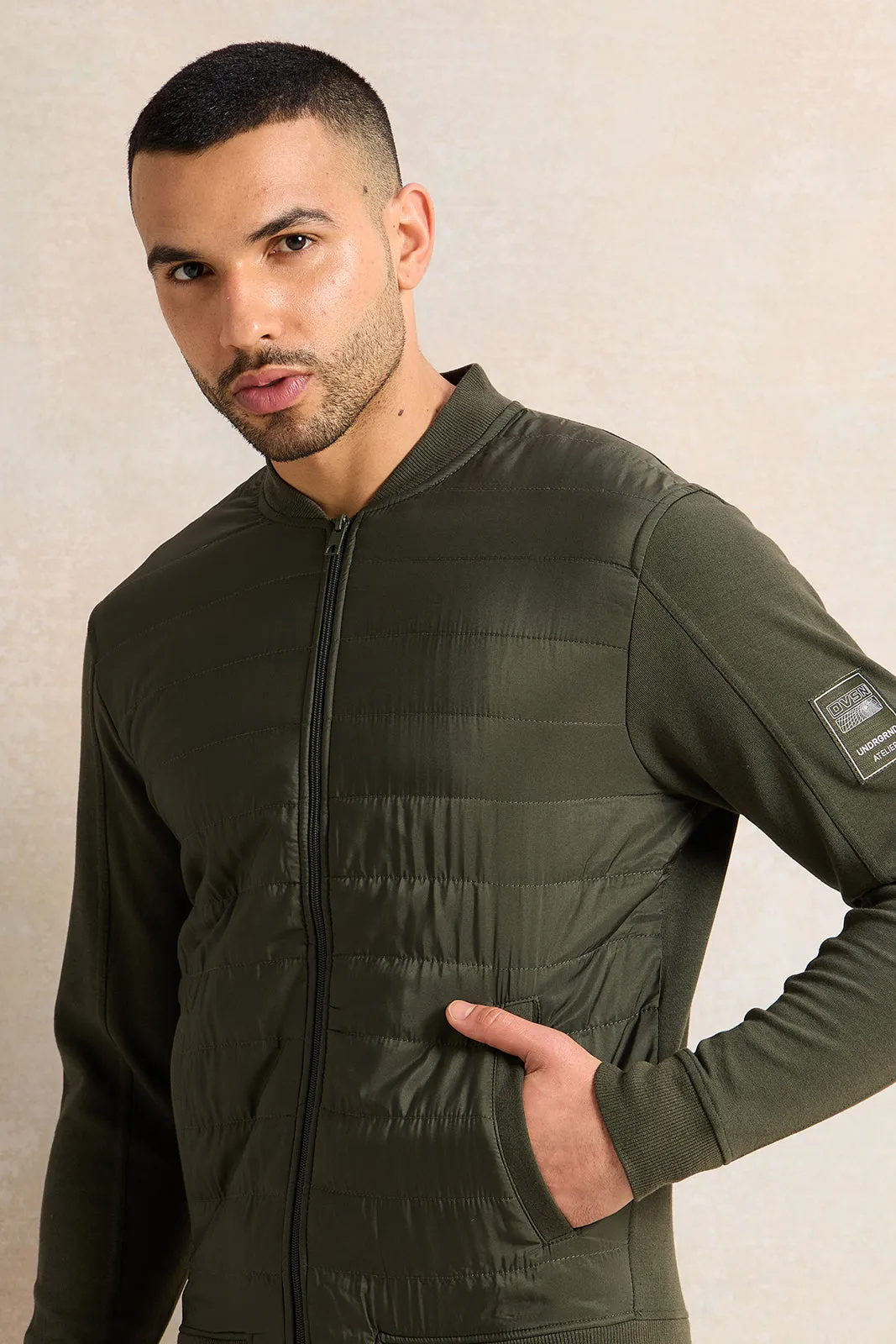 Men Olive Bomber Jacket With Knit Sleeves sold by Redtag product image thumbnail 4