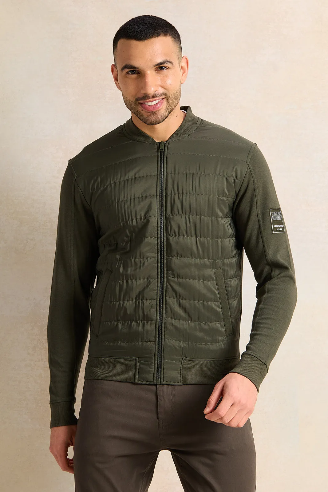 Men Olive Bomber Jacket With Knit Sleeves sold by Redtag