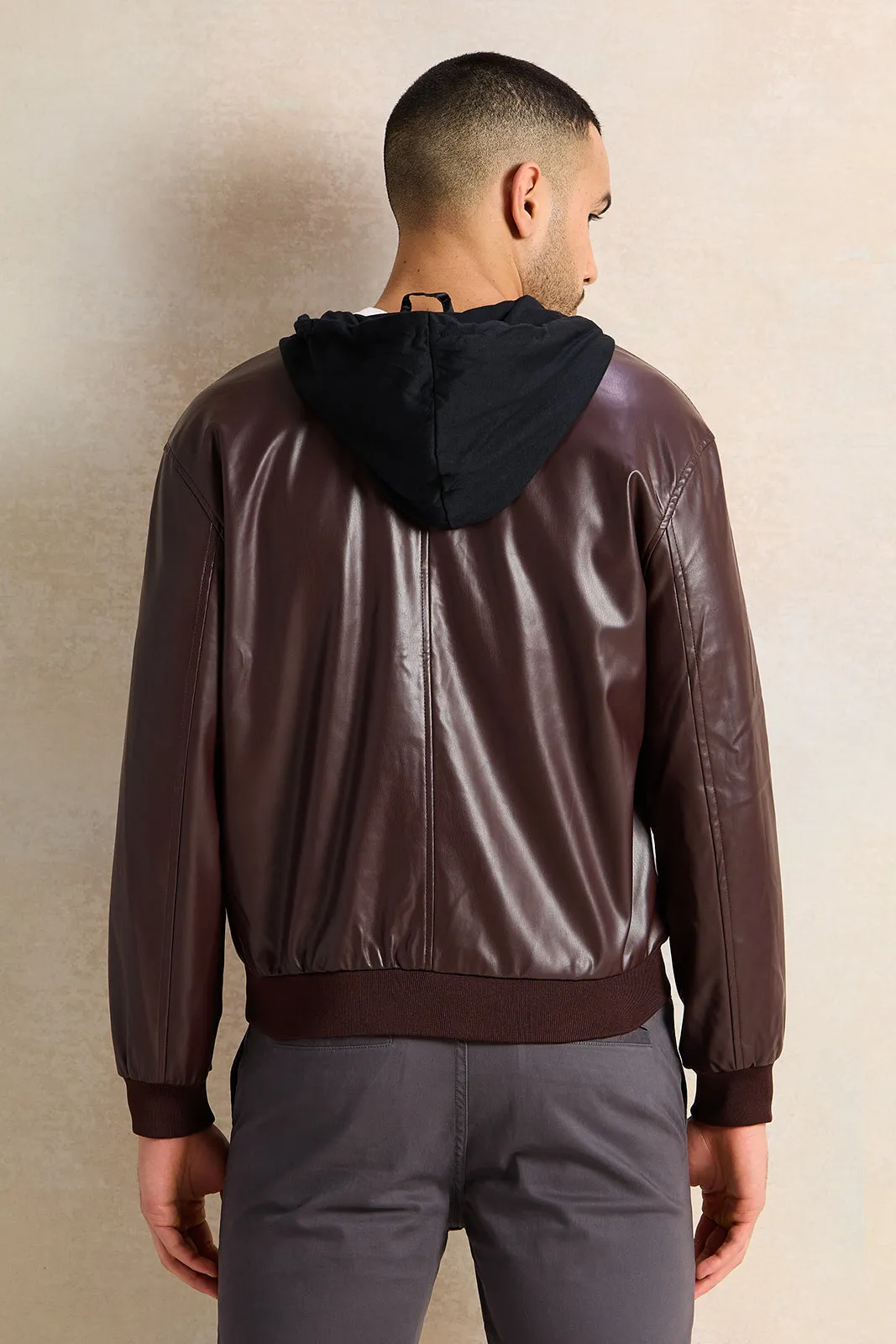 Men Burgundy Faux Leather Jacket With Hood sold by Redtag product image thumbnail 3