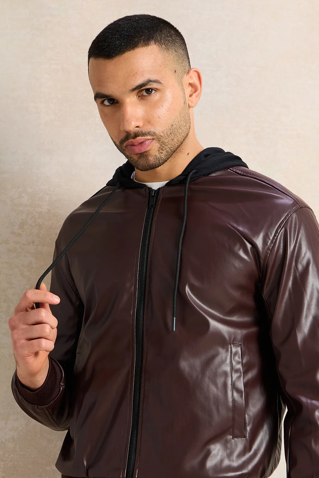 Men Burgundy Faux Leather Jacket With Hood sold by Redtag product image thumbnail 4