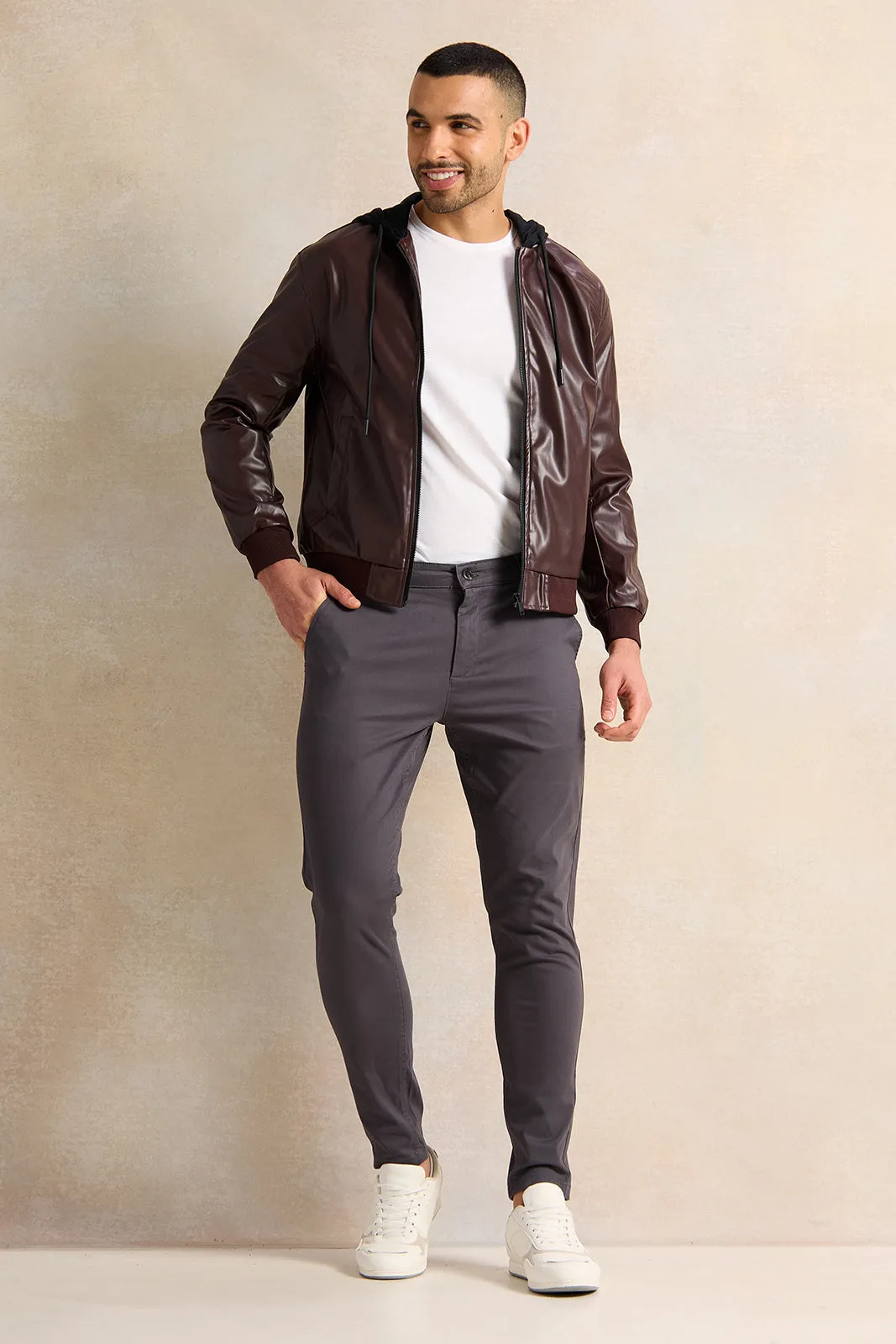 Men Burgundy Faux Leather Jacket With Hood sold by Redtag product image thumbnail 2