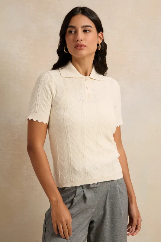 Women Beige Textured Polo Top sold by Redtag