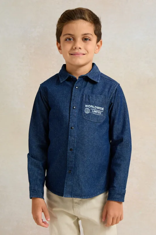 Boys Blue Denim Shirt With Front And Back Print sold by Redtag