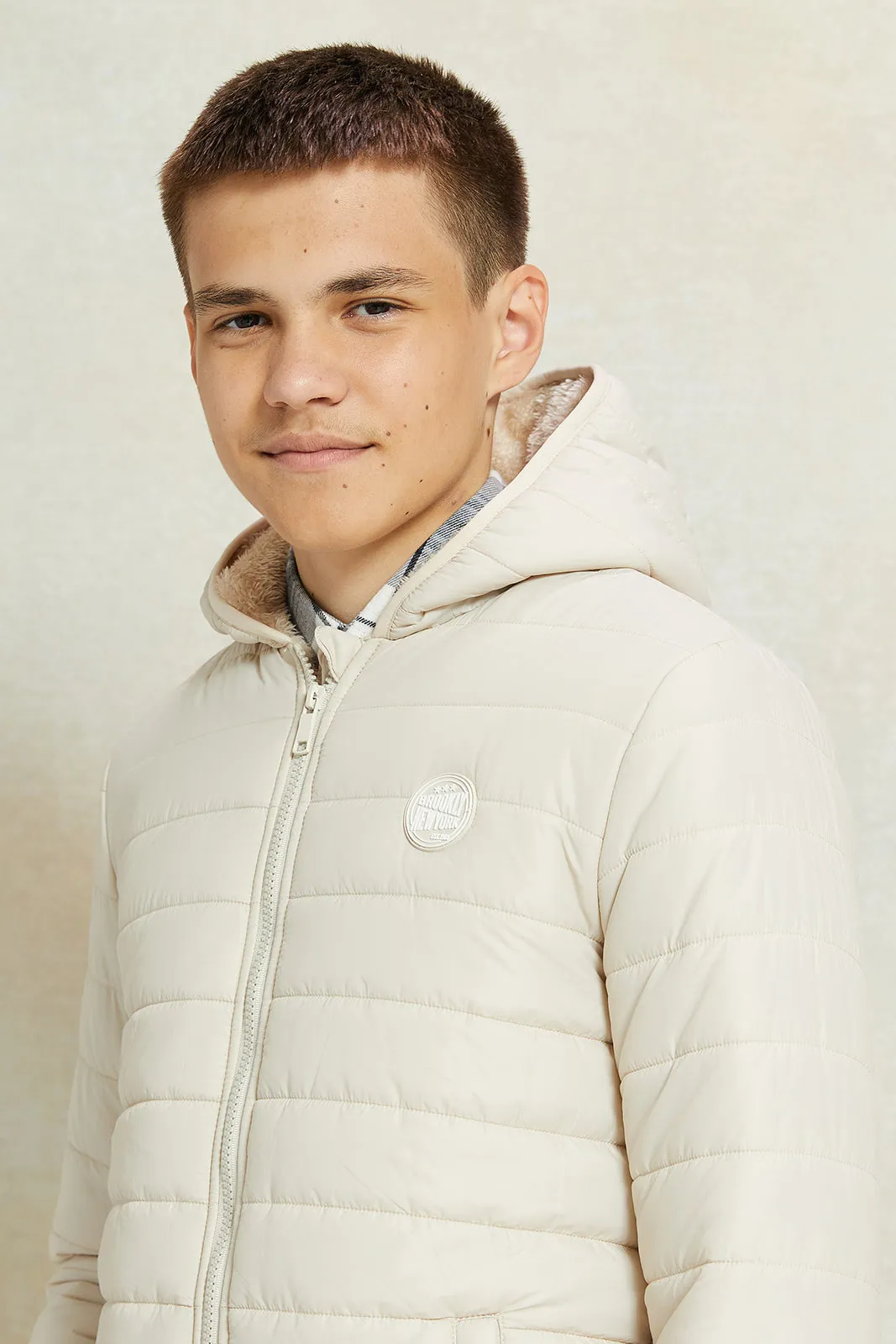Senior Boys Beige Puffer Jacket With Sherpa Lining sold by Redtag product image thumbnail 4
