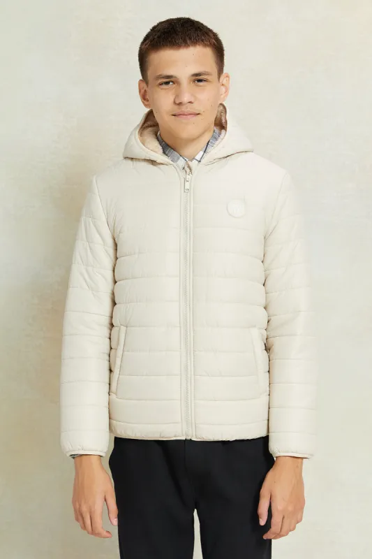 Senior Boys Beige Puffer Jacket With Sherpa Lining sold by Redtag