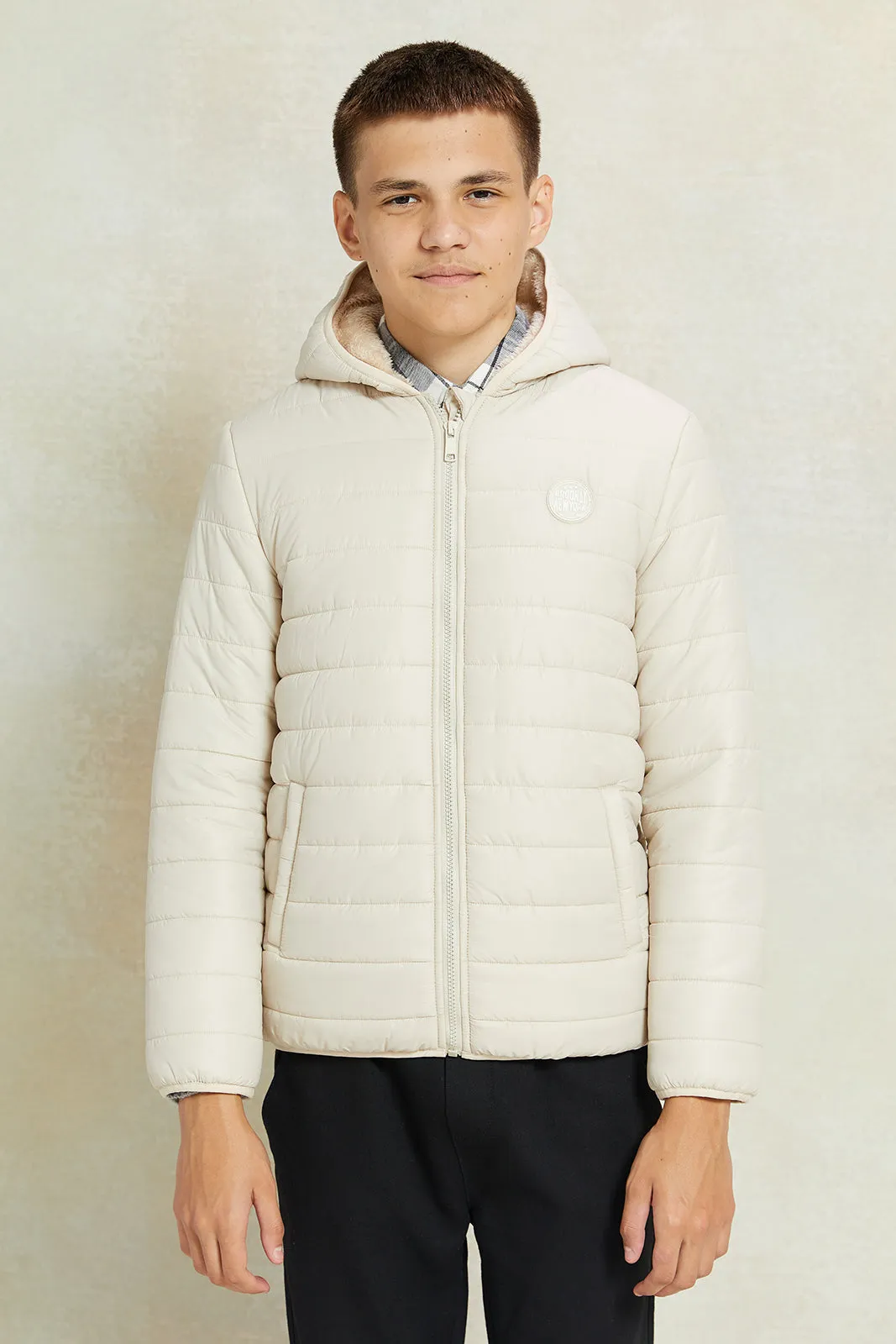 Senior Boys Beige Puffer Jacket With Sherpa Lining sold by Redtag