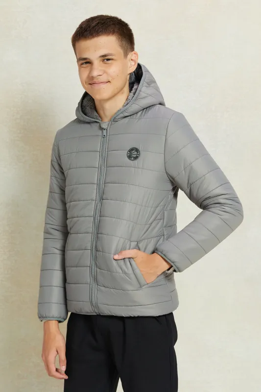 Senior Boys Charcoal Puffer Jacket With Sherpa Lining sold by Redtag