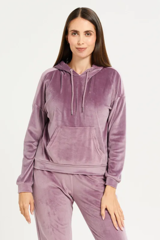 Women Mauve Velvet Hooded Sweat Shirt sold by Redtag