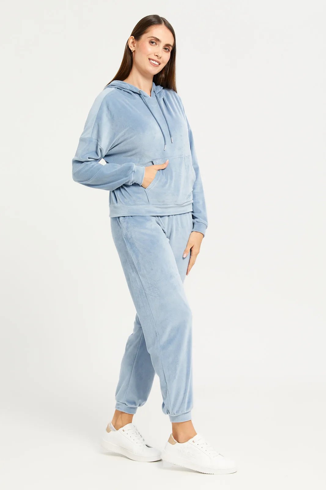 Women Blue Velvet Hooded Sweat Shirt sold by Redtag product image thumbnail 2