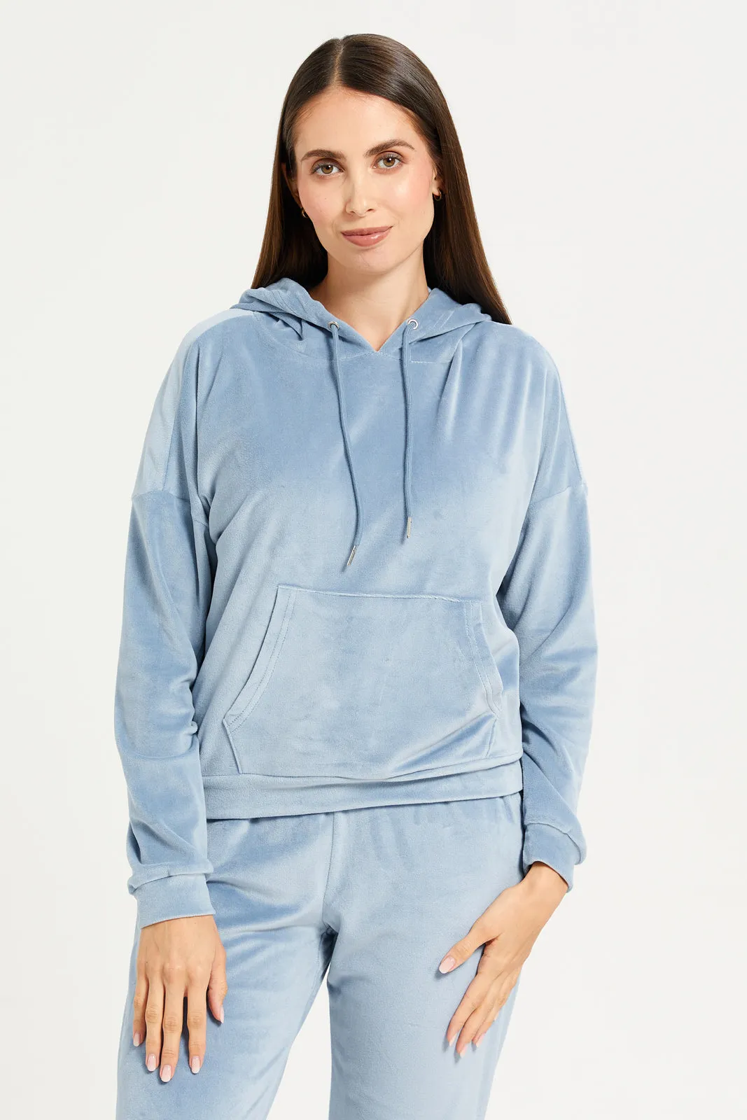 Women Blue Velvet Hooded Sweat Shirt sold by Redtag
