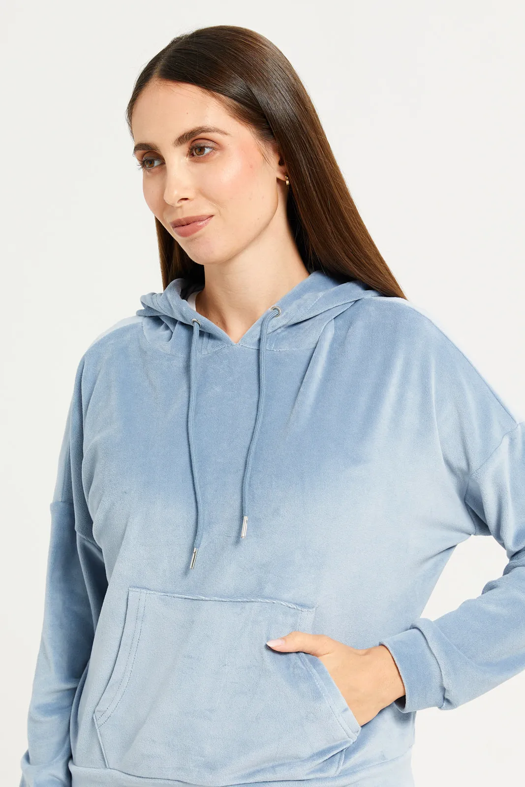 Women Blue Velvet Hooded Sweat Shirt sold by Redtag product image thumbnail 4