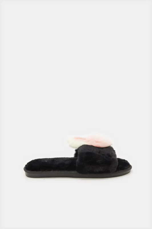 Women Black Bunny Trim Slipper sold by Redtag
