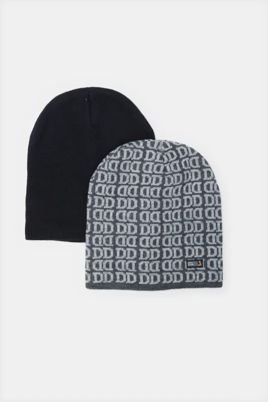 Men Grey And Black Printed Knitted Cap Set (2 Piece) sold by Redtag