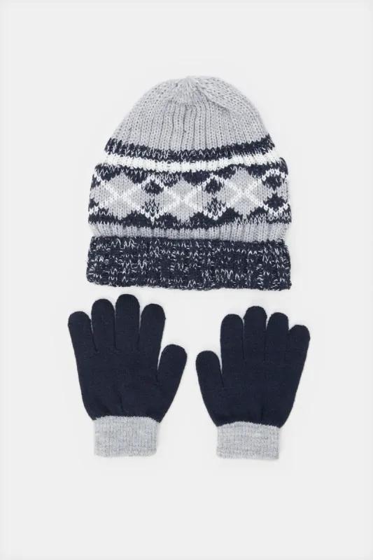 Boys Blue And Grey Printed Knitted Cap Set (2 Piece) sold by Redtag