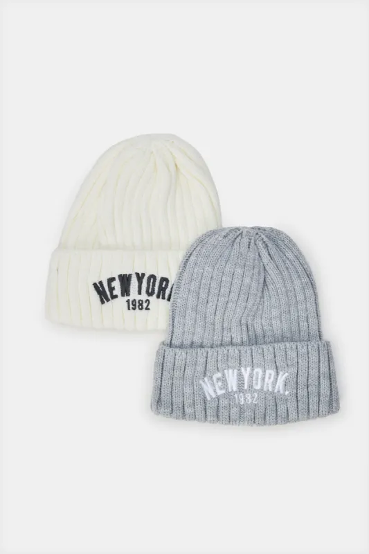 Boys White And Grey Printed Knitted Cap Set (2 Piece) sold by Redtag