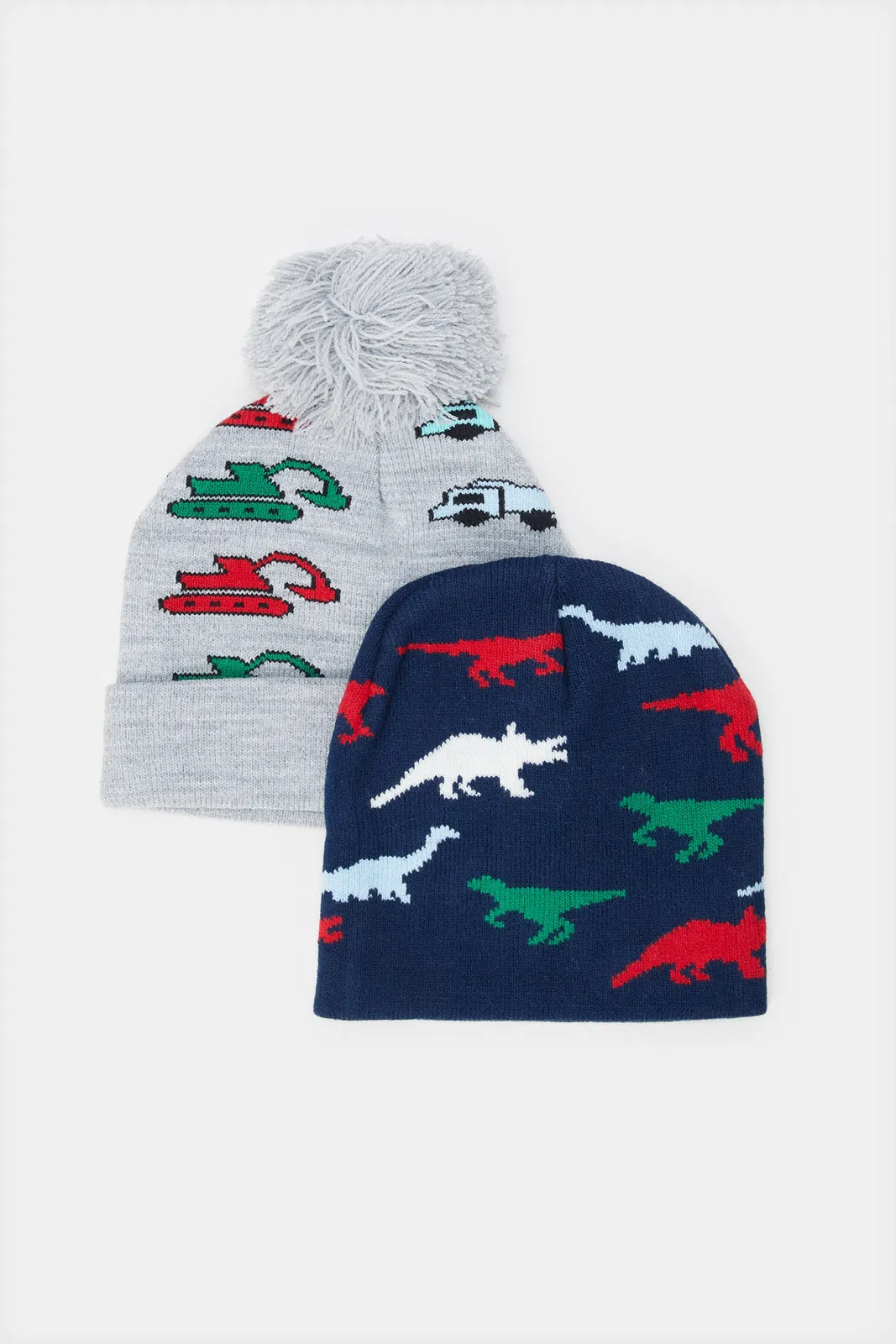 Boys Navy And Grey Printed Knitted Cap Set (2 Piece_ sold by Redtag