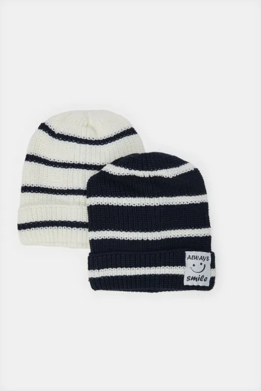 Boys Black And White Striped Knitted Cap Set (2 Piece) sold by Redtag