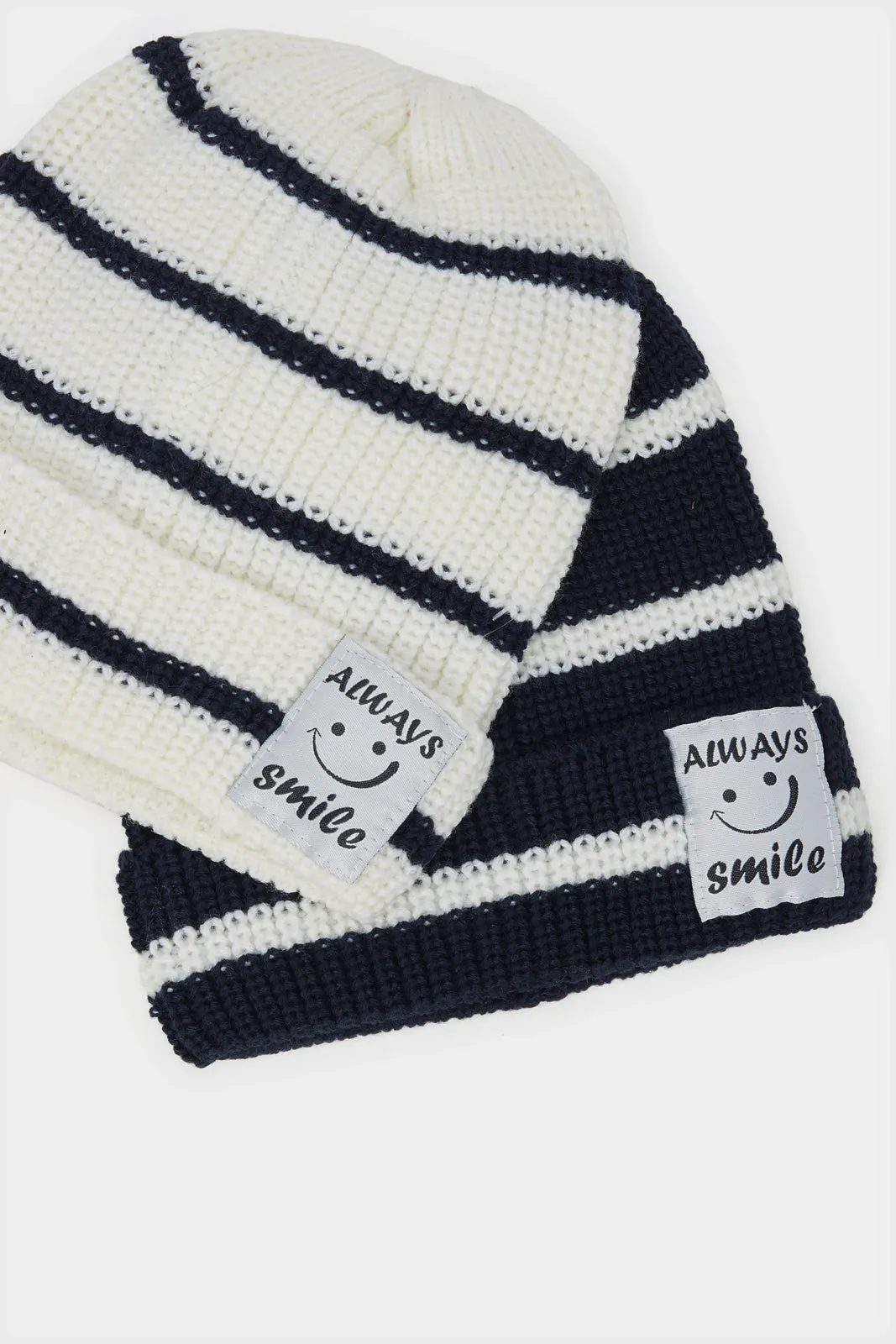 Boys Black And White Striped Knitted Cap Set (2 Piece) sold by Redtag product image thumbnail 3