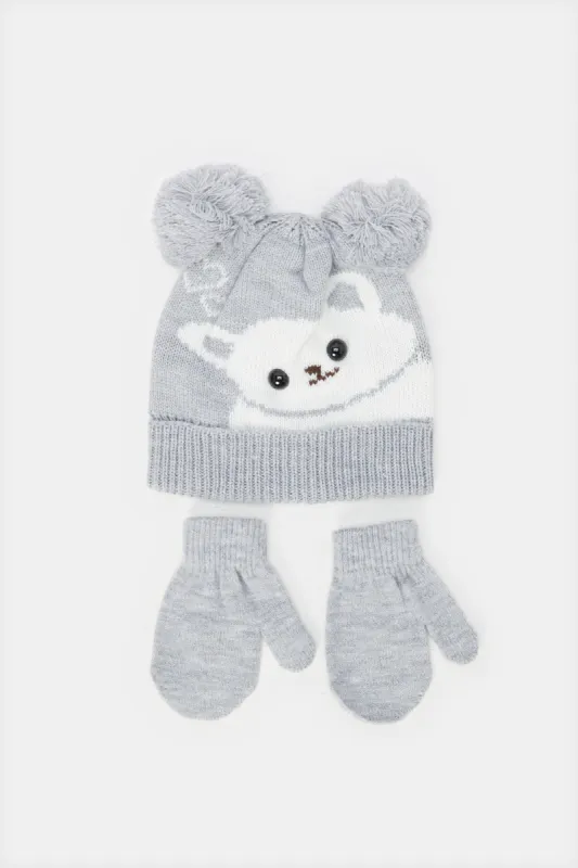 Boys Grey And White Embellished Knitted Cap With Glove Set (2 Piece) sold by Redtag