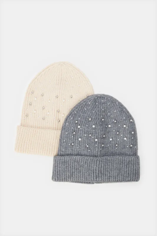 Women Beige And Grey Embellished Knitted Cap Set (Pack of 2) sold by Redtag