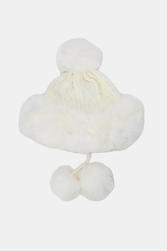 Women White Pom Pom Cap sold by Redtag