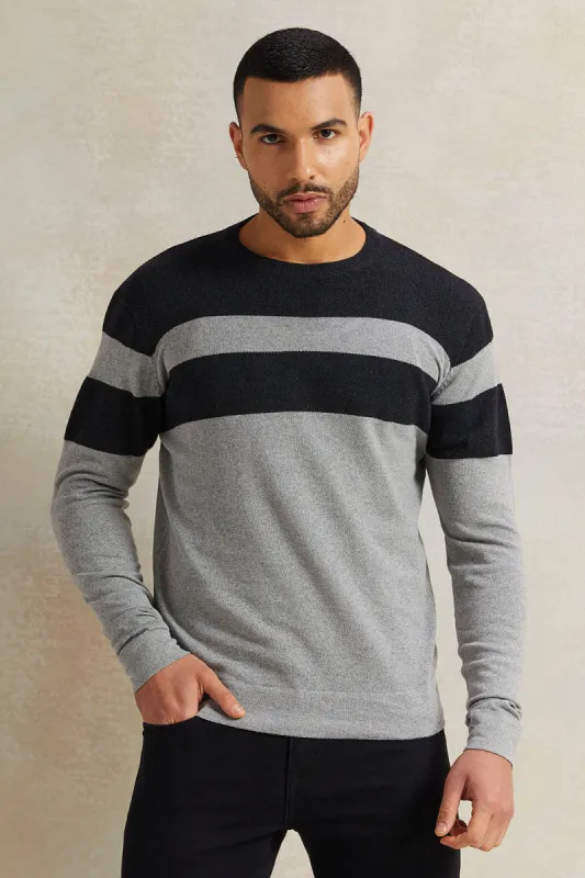 Men Grey Striped Pullover sold by Redtag