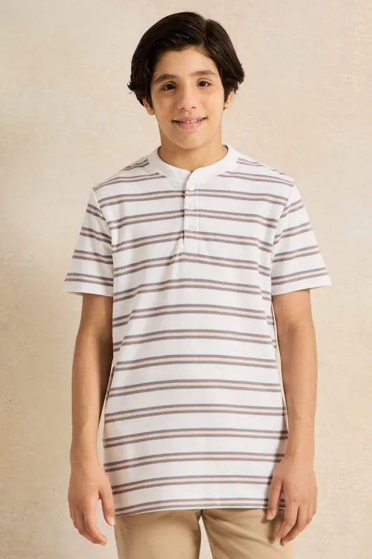 Senior White And Grey Mandarin Collar Stripe Polo T-Shirt sold by Redtag