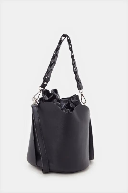 Women Black Embellished Handle Bucket Bag sold by Redtag