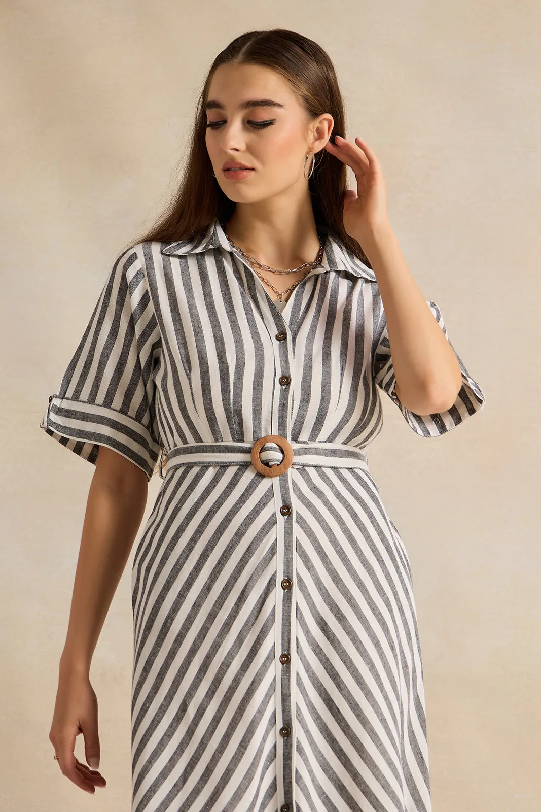 Women White Striped Belted Maxi Dress sold by Redtag product image thumbnail 2