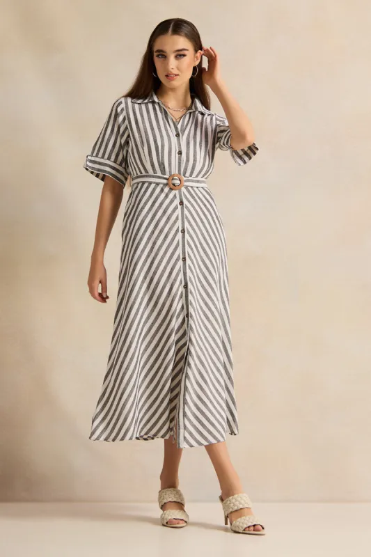 Women White Striped Belted Maxi Dress sold by Redtag
