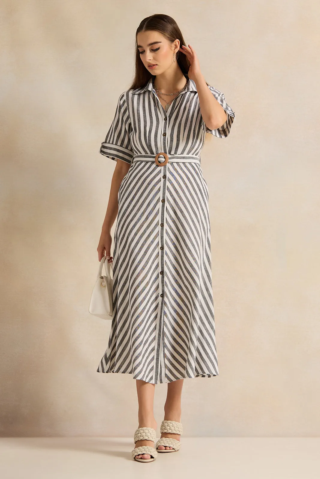 Women White Striped Belted Maxi Dress sold by Redtag product image thumbnail 4