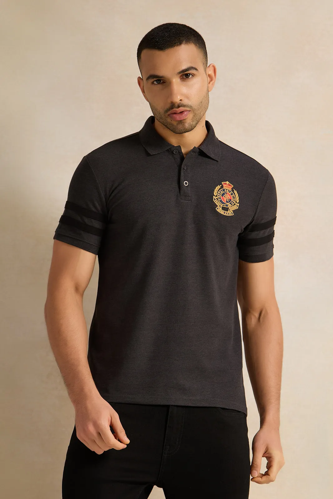 Men Charcoal Badge Polo Shirt sold by Redtag