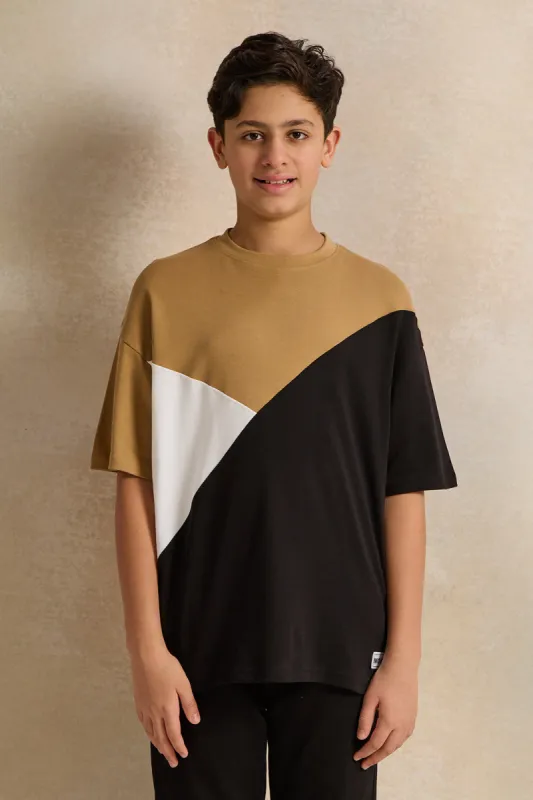 Senior Boys Beige Cut And Sew T-Shirt sold by Redtag