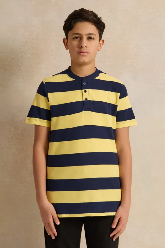 Senior Boys Yellow And Navy Striped Polo Shirt sold by Redtag
